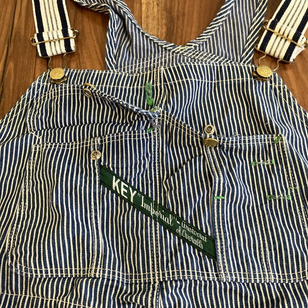 Key Imperial Overalls Mens 46x25 Blue Hickory Stripe Vintage 70s Bib Workwear - Picture 13 of 16